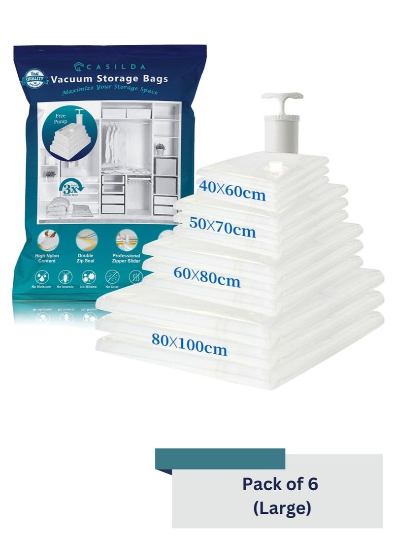 Casilda Space Saver Vacuum Storage Bags with Hand Pump, Vacuum bag Reusable for 80% more Space for Packing Clothes, Blankets, Pillows, Bedding and Travel 60x80 cm – Set of 6 (Large) - Image 1